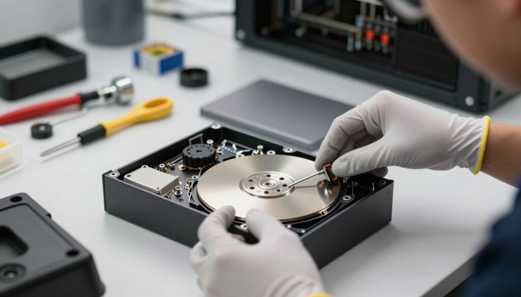 A close-up view of a technician meticulously installing an entrance disk for a NUC box. The foreground features the technician's hands, clad in professional gloves, carefully securing the disk with detailed screws and fittings. In the middle ground, the sleek NUC box is highlighted, showcasing its compact design. Various tools and components are neatly arranged on a workbench, adding to the sense of order and professionalism. The background displays a well-organized workspace with soft, diffused lighting, creating a focused and efficient atmosphere. The overall feel is technical yet inviting, emphasizing best practices in installation and mounting. The angle captures both the hands-on work and the completed setup, enhancing the instructional quality of the image.
