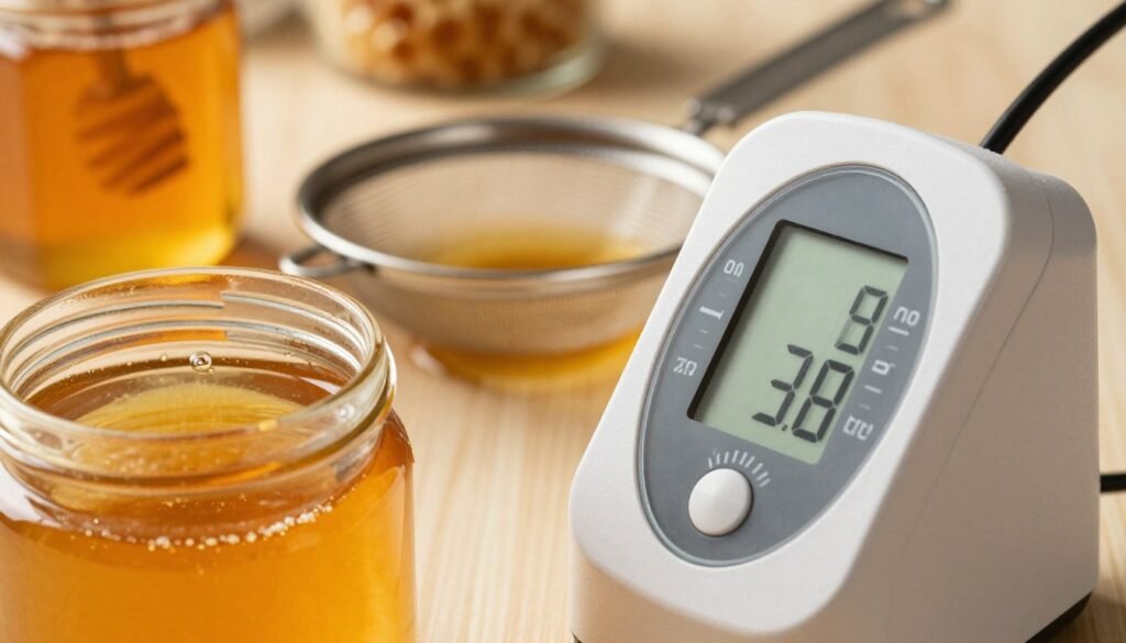 A close-up view of a temperature control device specifically designed for honey filtering, showcasing a digital thermometer with a clear display indicating the optimal temperature range for straining. In the foreground, a glass container filled with golden honey sits beside the device, glistening in warm, soft lighting that emphasizes its viscosity. In the middle ground, a delicate filter mesh is partially submerged in the honey, illustrating the straining process. The background features a softly blurred kitchen setting with honeycomb and jars, evoking a warm and inviting atmosphere. The angle is slightly tilted to provide depth, with a focus on the temperature control apparatus, creating a sense of precision and care in honey processing.