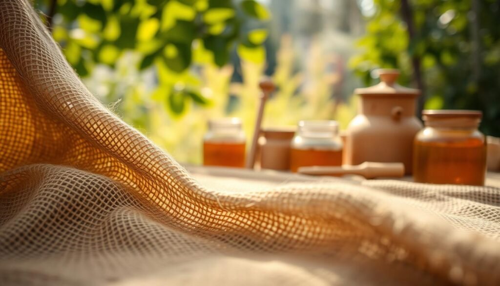 A close-up view of a textured burlap fabric, showcasing its natural fibers and warm earthy tones of brown and beige. The burlap should be the focus in the foreground, draping softly to create gentle folds. In the middle ground, there are hints of wooden beekeeping tools like a smoker and honey jars subtly placed, offering context without overshadowing the burlap. In the background, a blurred garden scene with soft sunlight filtering through leaves, creating a warm and inviting atmosphere. The lighting should be soft and diffused, evoking a sense of calm and connection to nature, ideal for beekeeping enthusiasts. The composition is intimate and focused, with a shallow depth of field to emphasize the burlap's texture. A close-up view of a textured burlap fabric, showcasing its natural fibers and warm earthy tones of brown and beige. The burlap should be the focus in the foreground, draping softly to create gentle folds. In the middle ground, there are hints of wooden beekeeping tools like a smoker and honey jars subtly placed, offering context without overshadowing the burlap. In the background, a blurred garden scene with soft sunlight filtering through leaves, creating a warm and inviting atmosphere. The lighting should be soft and diffused, evoking a sense of calm and connection to nature, ideal for beekeeping enthusiasts. The composition is intimate and focused, with a shallow depth of field to emphasize the burlap's texture.