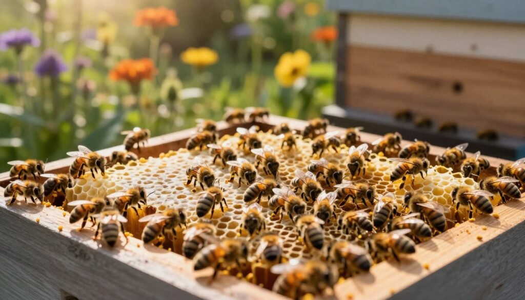 A close-up view of a thriving bee colony inside a wooden hive, with worker bees actively gathering pollen and taking it back to the hive. In the foreground, display an open section of the hive revealing frames filled with honeycomb, showcasing bees busily interacting. In the middle ground, focus on bees transferring pollen patties, illustrating their importance for nutrition and colony health. The background features a lush garden with vibrant flowers in soft focus, reflecting an ideal environment for bees. The lighting should be warm and natural, like late afternoon sunlight, casting gentle shadows. The mood should evoke a sense of harmony and productivity, capturing the essence of healthy colony performance.