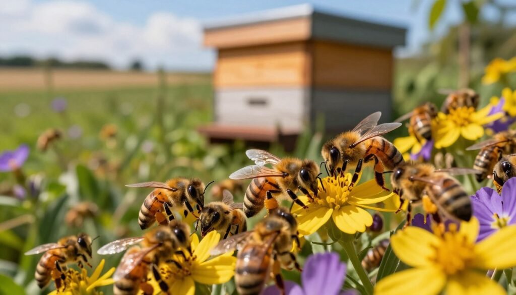 A close-up view of a thriving honey bee colony, showcasing bees densely clustered on vibrant yellow and purple wildflowers. In the foreground, focus on bees expertly collecting pollen, highlighting their meticulous activity and intricate details of their wings and bodies. In the middle ground, show a wooden beehive painted in warm earth tones, surrounded by lush greenery, hinting at their role in crop pollination. The background features soft, blurred agricultural fields under a bright blue sky with soft white clouds, suggesting a harmonious ecosystem. The lighting is bright, with golden sunlight filtering through leaves, creating warm highlights on the bees. The atmosphere is lively and bustling, evoking a sense of nature's abundance and the importance of bee health and colony strength.