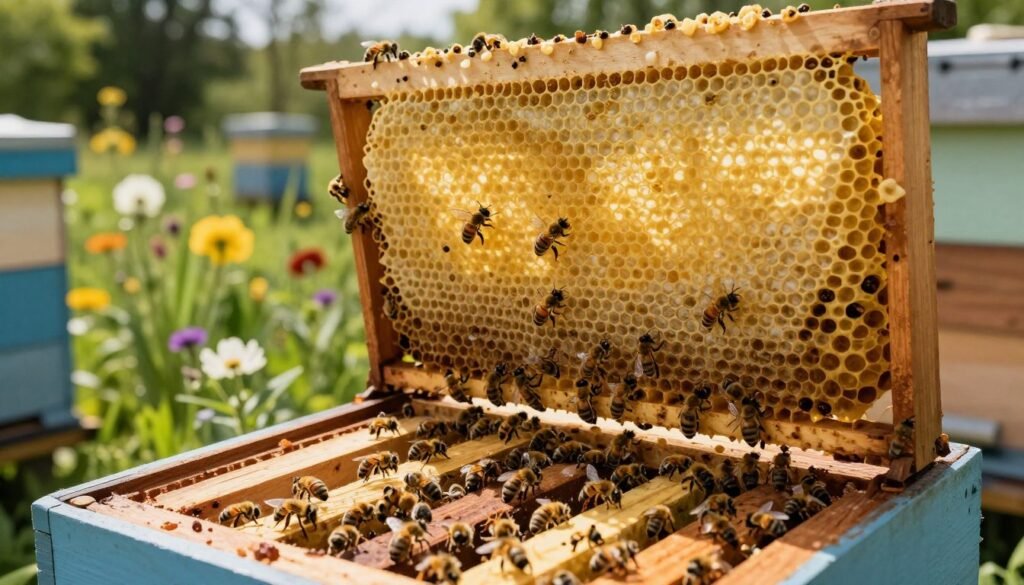 A close-up view of a top bar hive featuring a propolis screen, highlighting the benefits of its use. In the foreground, display bees working diligently on the comb, showcasing their activity and productivity. The middle section should include a detailed illustration of the propolis screen, emphasizing its design and texture, with sunlight filtering through the screen to cast gentle shadows. In the background, depict a lush apiary scene with flowering plants and trees, creating a vibrant and nurturing atmosphere. Use soft, natural lighting to enhance the scene's warmth, shot at a slight angle that showcases both the hive and the surrounding flora, inviting a sense of harmony in nature. The overall mood should be uplifting and serene, reflecting a thriving beekeeping environment. A close-up view of a top bar hive featuring a propolis screen, highlighting the benefits of its use. In the foreground, display bees working diligently on the comb, showcasing their activity and productivity. The middle section should include a detailed illustration of the propolis screen, emphasizing its design and texture, with sunlight filtering through the screen to cast gentle shadows. In the background, depict a lush apiary scene with flowering plants and trees, creating a vibrant and nurturing atmosphere. Use soft, natural lighting to enhance the scene's warmth, shot at a slight angle that showcases both the hive and the surrounding flora, inviting a sense of harmony in nature. The overall mood should be uplifting and serene, reflecting a thriving beekeeping environment.
