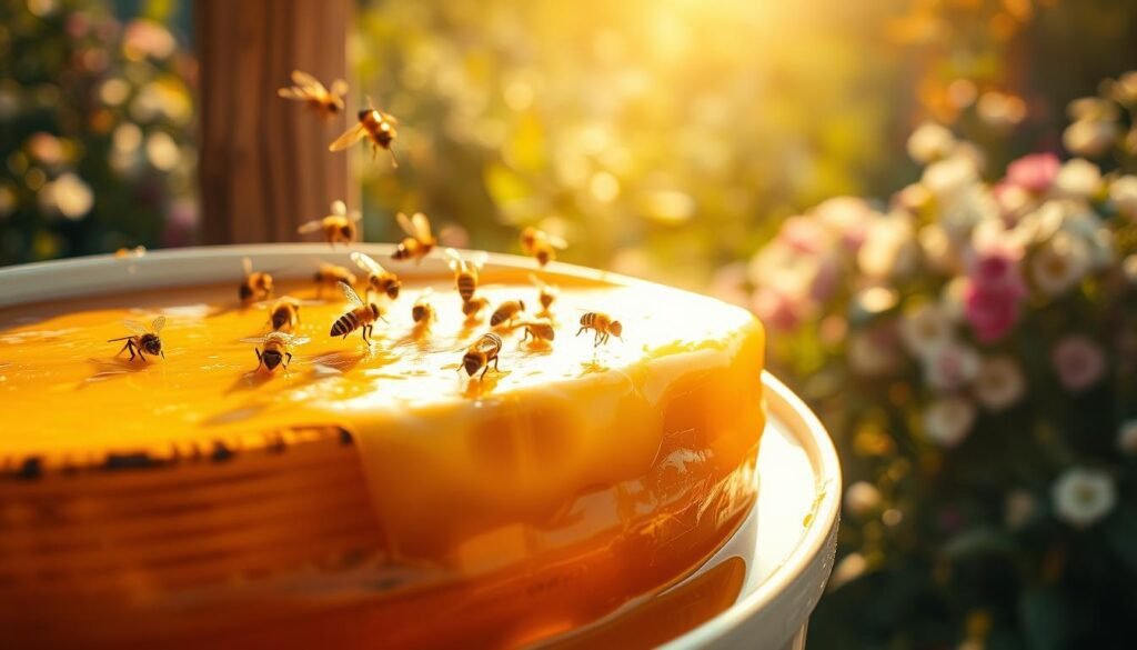 A close-up view of a traditional beehive partially submerged in a bucket of warm, golden wax, showcasing the process of wax dipping for hive protection. In the foreground, vibrant bees are seen landing on the protective surface, their delicate wings glistening in the sunlight. The middle ground features the handcrafted wooden hive, showing the textured grain of the wood coated in a shiny layer of melted wax. In the background, a serene garden with blooming flowers provides a natural habitat for the bees, bathed in warm, soft lighting of a late afternoon sun. The atmosphere conveys a sense of harmony and sustainability, highlighting the intimate relationship between beekeepers and their hives. The composition is shot at a slight angle to enhance depth, with a delicate bokeh effect softening the background. A close-up view of a traditional beehive partially submerged in a bucket of warm, golden wax, showcasing the process of wax dipping for hive protection. In the foreground, vibrant bees are seen landing on the protective surface, their delicate wings glistening in the sunlight. The middle ground features the handcrafted wooden hive, showing the textured grain of the wood coated in a shiny layer of melted wax. In the background, a serene garden with blooming flowers provides a natural habitat for the bees, bathed in warm, soft lighting of a late afternoon sun. The atmosphere conveys a sense of harmony and sustainability, highlighting the intimate relationship between beekeepers and their hives. The composition is shot at a slight angle to enhance depth, with a delicate bokeh effect softening the background.