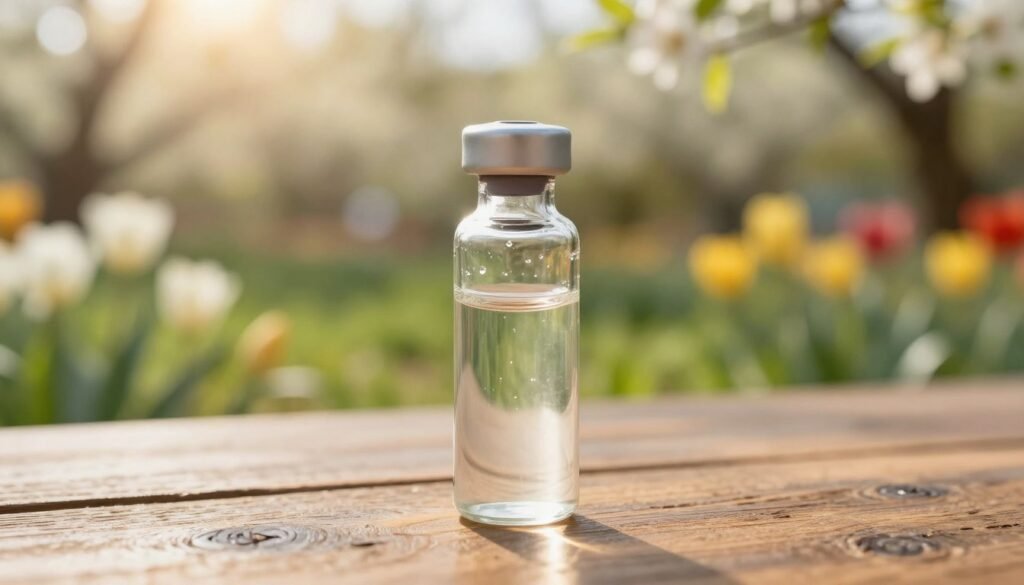 A close-up view of a transparent glass vial containing formic acid, placed on a rustic wooden table. In the background, blurred out, is a vibrant spring garden filled with blooming flowers and greenery, symbolizing the warm weather. Natural sunlight filters through the leaves, creating a soft, warm glow that illuminates the vial, casting subtle reflections on the surface. The focus is sharp on the vial, showcasing the liquid’s clarity and slight viscosity. Small droplets can be seen on the outside, indicating warmth. The mood is tranquil yet scientific, reflecting a balance between nature and the careful application of a chemical solution. No people or text present, ensuring clean and professional imagery.