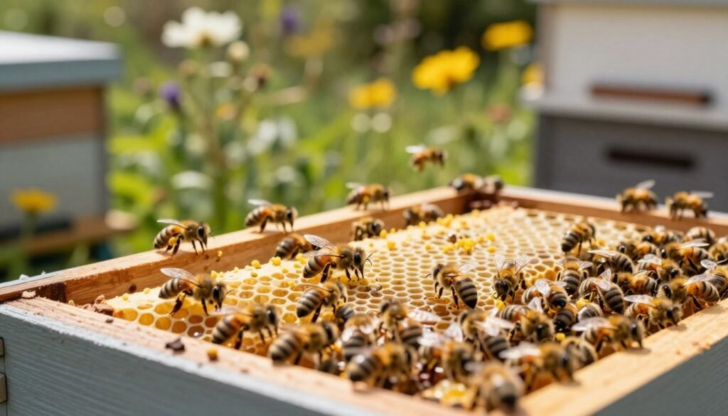 A close-up view of a treatment window for bee nucs, showcasing a variety of honeybees actively engaged in their environment. In the foreground, a wooden nuc box is open, revealing bees clustering around frames filled with capped honey and brood. In the middle ground, several bees are seen in motion, collecting pollen and nectar, highlighting their role in the hive's ecosystem. The background features a lush garden with blooming flowers, softly blurred to keep focus on the bees and the nuc. Natural sunlight filters through, casting a warm glow on the scene, creating an inviting and productive atmosphere. The image captures the essential timing for treatments, with a gentle, serene mood reflecting the harmony of nature and beekeeping.