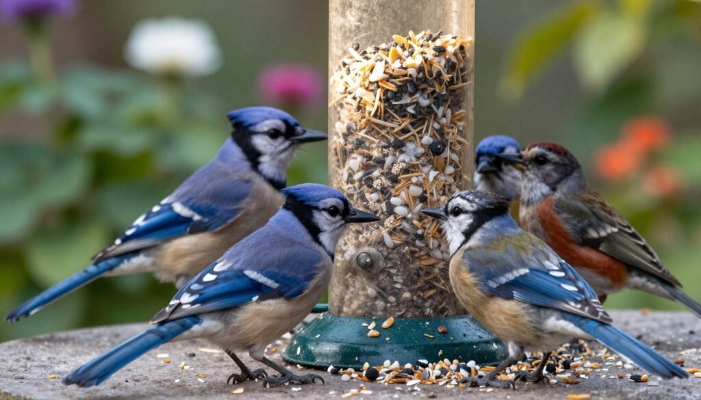 A close-up view of a variety of birds perched on an old, neglected feeder, showcasing signs of common diseases. The foreground displays a colorful array of birds, including blue jays and finches, exhibiting visible symptoms like ruffled feathers and lethargic postures. In the middle ground, the feeder is weathered, with remnants of moldy birdseed and spilled seeds scattered on the ground. The background features a softly blurred garden setting with green foliage and flowers, suggesting a once-thriving environment now affected by the plight of the birds. The lighting is soft and natural, indicating early morning or late afternoon sun, casting gentle shadows. The overall mood conveys a sense of concern for wildlife, highlighting the impact of disease on bird populations in domestic settings.