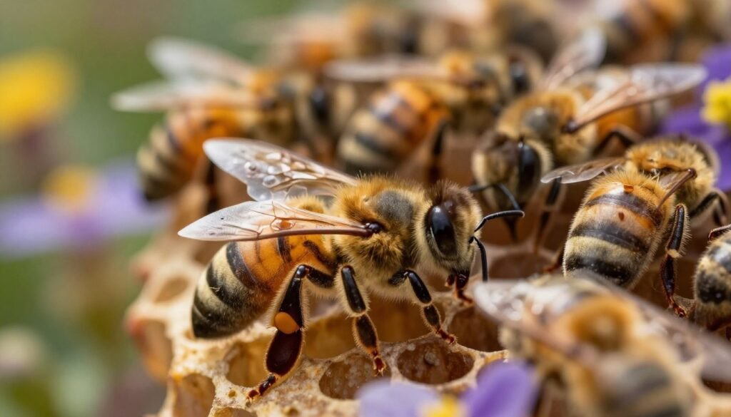 A close-up view of a varroa destructor mite on a honeybee, showcasing the intricate details of the mite’s body and the bee’s wings. In the foreground, the mite is clearly visible, highlighting its oval shape and fine hairs against the bee's fuzzy thorax. The middle ground features a cluster of bees in a natural hive setting, with soft, diffused lighting creating a warm atmosphere. In the background, blurred flowers and foliage suggest a vibrant garden environment. The lighting gently illuminates the scene, casting soft shadows and enhancing the texture of the bees and their surroundings. The mood is one of scientific observation, underscoring the critical role of the varroa destructor in transmitting viruses among bee populations.