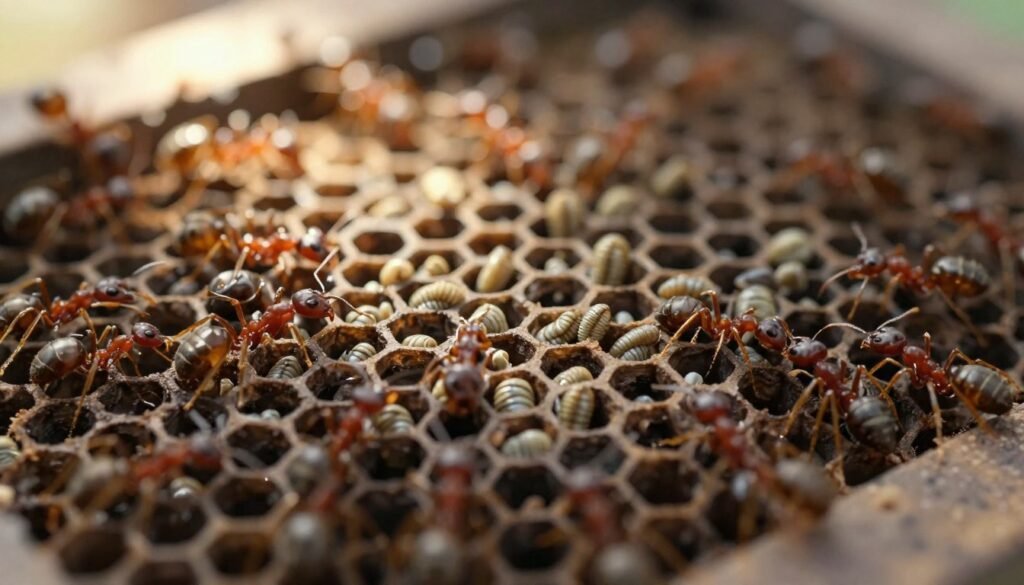 A close-up view of a vibrant and intricate brood chamber, showcasing the structured hexagonal cells filled with developing larvae, surrounded by diligent worker ants. In the foreground, focus on the glossy, dark-brown surface of the brood chamber with fine details of the ants attending to the larvae, emphasizing their teamwork and care. The middle ground features a soft blur of additional brood cells, hinting at a bustling colony dynamics. The background should depict a slight ambient light filtering through, creating a warm glow that highlights the texture of the brood chamber. The atmosphere is alive yet controlled, symbolizing harmony in nature. Capture the entire scene with a macro lens at a low angle to create depth and emphasis on the intricate details. The overall mood is industrious and nurturing, perfect for illustrating the dynamics within a colony during environmental treatments.