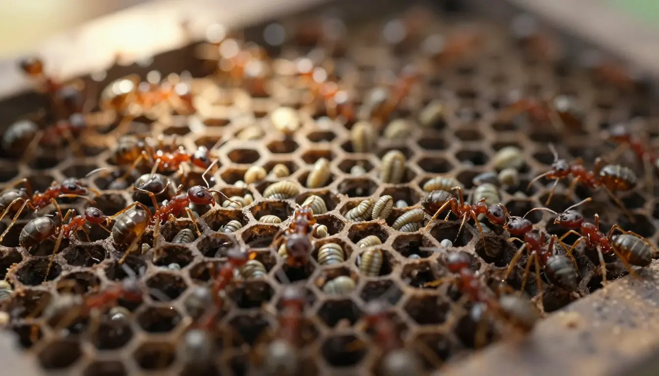 A close-up view of a vibrant and intricate brood chamber, showcasing the structured hexagonal cells filled with developing