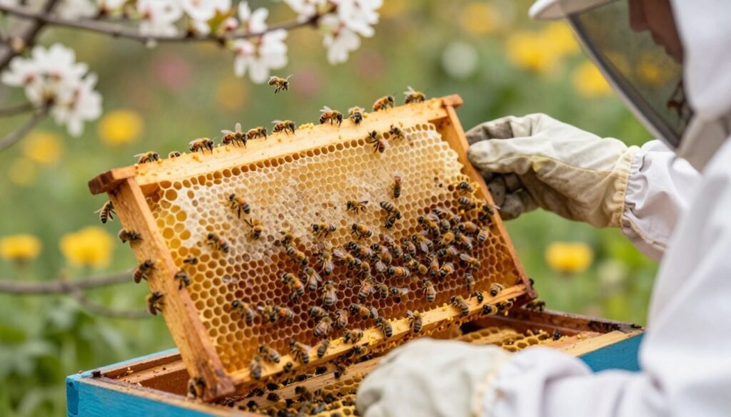 A close-up view of a vibrant beehive during seasonal maintenance, showcasing busy honeybees tending to their hive. In the foreground, a beekeeper in professional attire carefully inspects a frame of honeycomb, revealing fresh, golden honey and signs of active brood. The middle ground emphasizes the intricate details of the hive, with bees clustering around the comb, some flight, while others are seen engaged in pollen collection. The background features a blurred garden scene, rich with blooming flowers, and soft natural light filtering through the leaves, creating a warm, serene atmosphere. The focus is sharp on the hive and the beekeeper, evoking a sense of careful stewardship and seasonal renewal, with an overall mood of harmony and diligence in nature.