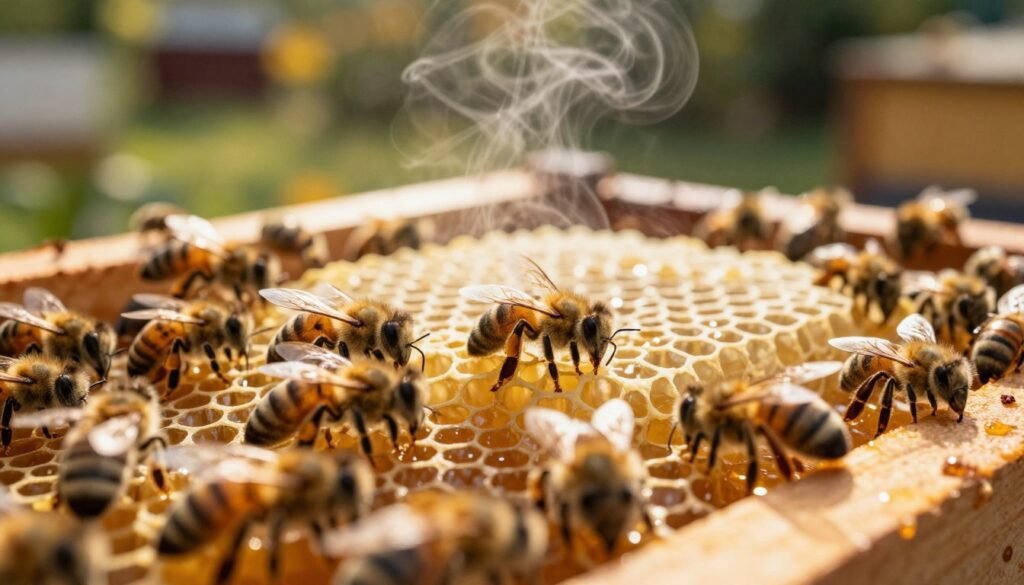 A close-up view of a vibrant beehive interior showcasing bees in meticulous activity, highlighting their environment's temperature dynamics. The foreground features bees clustered around honeycomb cells, with some bees fanning their wings, indicating a temperature regulation effort. In the middle ground, a radiant honeycomb glows with golden honey, while subtle heat waves shimmer above. The background shows a blurred view of a warm sunlit garden, lending a tranquil yet bustling atmosphere. Natural lighting enhances the golden hues of the honey, creating a warm ambiance. The composition is captured from a slightly elevated angle, conveying a sense of intimacy with the hive's inner workings. The overall mood is serene and industrious, encapsulating the essential temperature requirements for optimal hive management.