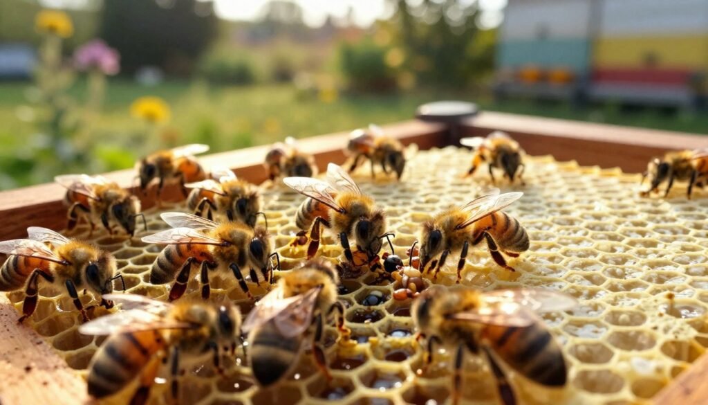 A close-up view of a vibrant beehive, showcasing bees demonstrating hygienic behavior. In the foreground, focus on several bees delicately removing dead larvae from uncapped cells, emphasizing their diligent movements and teamwork. The middle section features well-structured honeycomb with some cells showing clear larvae, while others are pristine, highlighting the contrast between cleanliness and decay. In the background, a softly blurred garden landscape bathed in golden morning light, hinting at the bustling activity of nature. The atmosphere is serene yet industrious, demonstrating the bees' commitment to colony health, with a slight depth of field to draw attention to the bees' focused tasks.