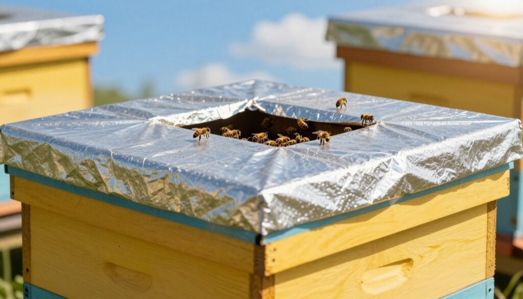 A close-up view of a vibrant beehive situated under the bright sun, showcasing a well-fitted, insulated hive top designed for hot climates. The foreground features the insulated roof with a textured, heat-reflective surface, emphasizing its protective attributes. In the middle ground, bees can be seen bustling around the entrance, illustrating the hive's activity. The background includes a clear blue sky with soft clouds, enhancing the sunny atmosphere. The lighting is bright and warm, casting gentle shadows that highlight the hive's contours. The scene conveys a sense of harmony and protection, capturing the essence of managing internal hive temperatures effectively. The angle is slightly tilted to provide a dynamic perspective of the hive and its insulation.