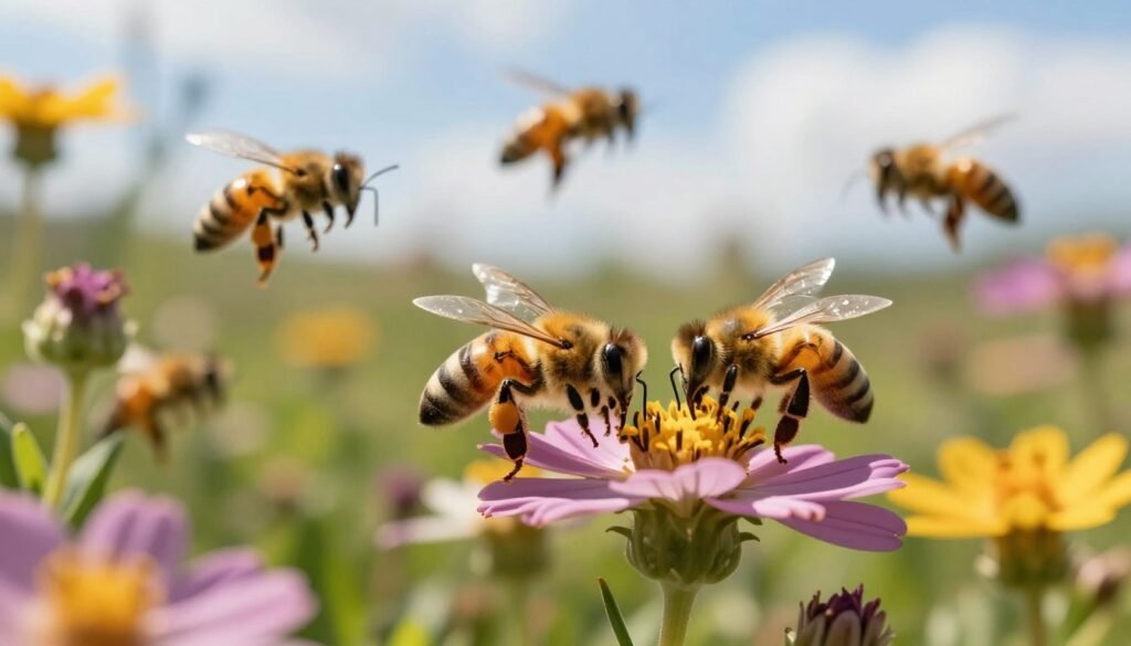 A close-up view of a vibrant, blooming wildflower garden buzzing with several honeybees in diverse stages of activity. In the foreground, focus on bees delicately gathered around colorful flowers, their striped bodies detailed with rich golden hues and black bands. In the middle ground, capture more bees in flight, creating a sense of movement and urgency. The background features a soft-focus of a sunny sky with gentle clouds, suggesting a warm, inviting atmosphere. Natural sunlight illuminating the scene casts soft shadows, enhancing the vivid colors of the flowers and the bees. The overall mood is lively yet harmonious, reflecting the importance of proper feeding practices and the need to keep bees safe from open feeding methods. A close-up view of a vibrant, blooming wildflower garden buzzing with several honeybees in diverse stages of activity. In the foreground, focus on bees delicately gathered around colorful flowers, their striped bodies detailed with rich golden hues and black bands. In the middle ground, capture more bees in flight, creating a sense of movement and urgency. The background features a soft-focus of a sunny sky with gentle clouds, suggesting a warm, inviting atmosphere. Natural sunlight illuminating the scene casts soft shadows, enhancing the vivid colors of the flowers and the bees. The overall mood is lively yet harmonious, reflecting the importance of proper feeding practices and the need to keep bees safe from open feeding methods.