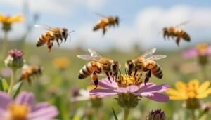 A close-up view of a vibrant, blooming wildflower garden buzzing with several honeybees in diverse stages of activity