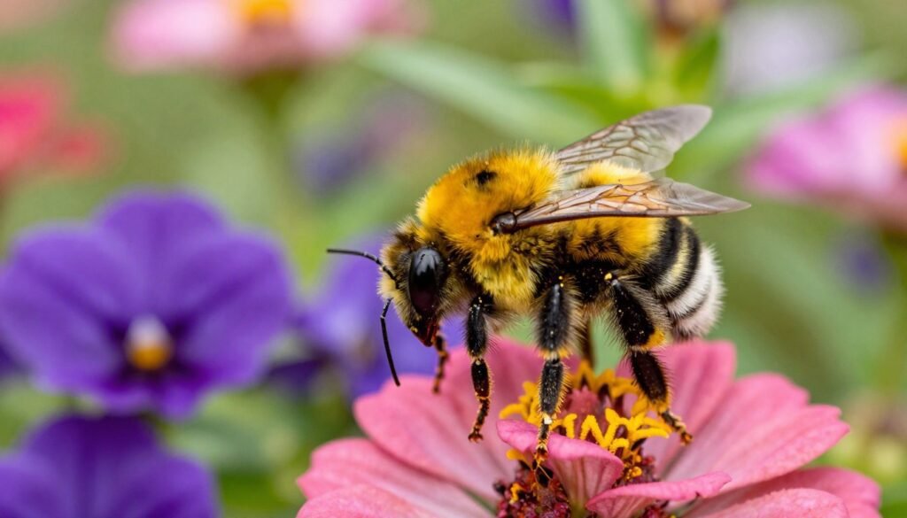 A close-up view of a vibrant bumblebee perched on a colorful flower, showcasing its fuzzy body and detailed wings, highlighting its distinctive yellow and black striped pattern. The foreground features the bumblebee in sharp focus, with pollen grains dusted on its legs. In the middle ground, lush garden flowers of various hues, such as purple and pink, create a lively yet harmonious scene that attracts pollinators. The background is softly blurred with gentle greenery under natural sunlight, enhancing the overall freshness and warmth of the setting. The mood is cheerful and energetic, emphasizing the bumblebee's role in pollination, captured with a macro lens for detailed texture and clarity, ensuring a bright and inviting atmosphere.