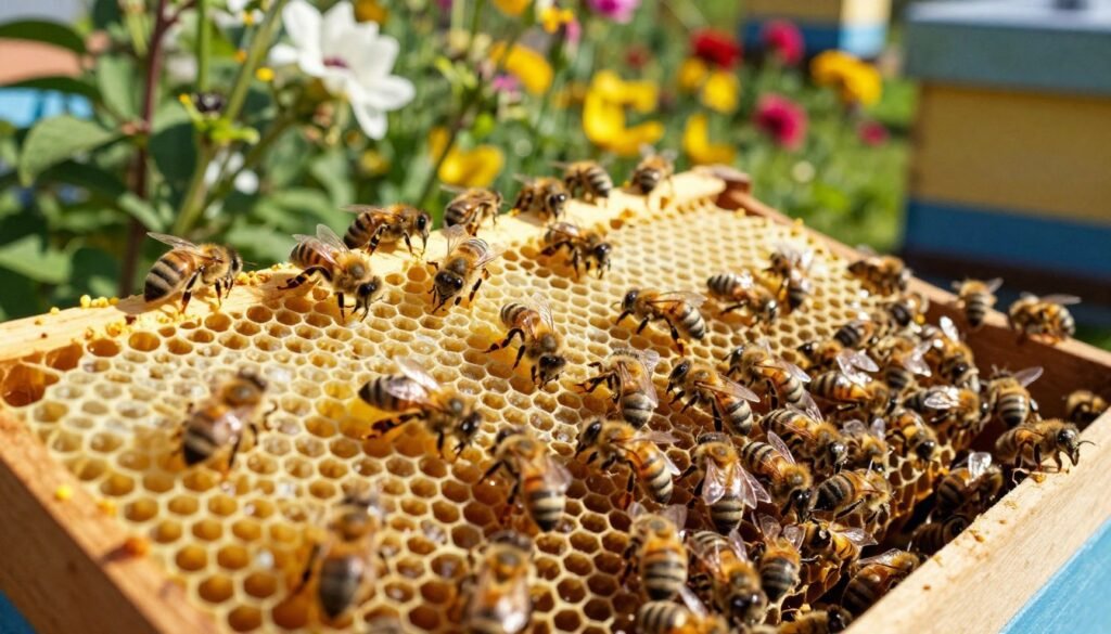 A close-up view of a vibrant, busy bee hive nestled in a lush garden, surrounded by blooming flowers. In the foreground, focus on the intricate hexagonal wax cells, showcasing the golden honeycomb structure, bees in motion, gathering pollen. The middle ground should feature bees actively entering and exiting the hive, creating a sense of movement and activity, emphasizing their productivity. The background provides a blurred scene of green foliage and colorful blossoms under bright, natural sunlight that gives the entire scene a warm, inviting atmosphere. The mood is lively yet harmonious, reflecting the importance of a clean and organized apiary environment. Capture this scene with a slight depth-of-field effect to draw attention to the hive's details, using a standard lens to achieve a balanced and clear perspective.