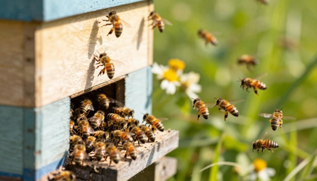 A close-up view of a vibrant, busy beehive teeming with activity, showcasing bees in various stages of flight and resting on the hive’s entrance. In the foreground, include a cluster of bees emerging from the hive, their wings glistening under the warm sunlight. In the middle ground, feature flowers blooming nearby, emphasizing the bees’ search for nectar. The background should depict a blurred view of lush greenery, creating a serene, natural atmosphere. Use soft lighting to evoke a sense of calm and harmony. The angle should be slightly elevated, capturing the movement of bees in flight while highlighting the hive's structure. Aim for a clear, focused composition that illustrates the natural behavior of bees as they leave their colonies.