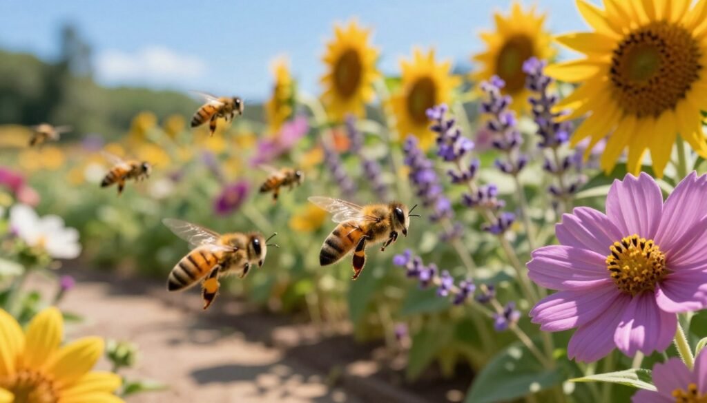 A close-up view of a vibrant garden filled with blooming flowers, where a swarm of bees is visibly navigating their flight paths through the air. In the foreground, define the blurred shapes of bees in motion, illustrating their unique trajectories with delicate lines representing their paths. The middle ground transitions into the colorful flowers, showcasing a variety of species such as sunflowers and lavender, enriched with detailed petals and pollen. In the background, a soft-focus of green foliage and a bright blue sky fills the scene, creating a sense of openness and freedom. The lighting is warm and sunny, enhancing the shimmering effects of the bees in flight, while casting soft shadows on the ground to evoke a lively summer mood. A close-up view of a vibrant garden filled with blooming flowers, where a swarm of bees is visibly navigating their flight paths through the air. In the foreground, define the blurred shapes of bees in motion, illustrating their unique trajectories with delicate lines representing their paths. The middle ground transitions into the colorful flowers, showcasing a variety of species such as sunflowers and lavender, enriched with detailed petals and pollen. In the background, a soft-focus of green foliage and a bright blue sky fills the scene, creating a sense of openness and freedom. The lighting is warm and sunny, enhancing the shimmering effects of the bees in flight, while casting soft shadows on the ground to evoke a lively summer mood.