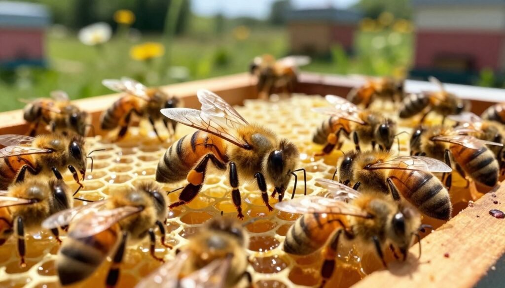 A close-up view of a vibrant, healthy beehive in a sunny apiary, featuring a queen bee surrounded by worker bees in dynamic motion. In the foreground, a detailed depiction of the queen, her elongated body distinguished by a shiny, golden hue. The worker bees, in various positions, exhibit their intricate wing patterns and textures, emphasizing their role in honey production. The middle section showcases honeycombs filled with golden honey, glistening under bright sunlight. In the background, blurred greenery of flowers and trees creates a serene atmosphere, hinting at the natural habitat of the bees. The lighting is warm and inviting, casting soft shadows that enhance the three-dimensional quality of the scene. The angle is slightly elevated, providing a comprehensive view of the hive's bustling activity, evoking a sense of harmony and productivity within the colony. A close-up view of a vibrant, healthy beehive in a sunny apiary, featuring a queen bee surrounded by worker bees in dynamic motion. In the foreground, a detailed depiction of the queen, her elongated body distinguished by a shiny, golden hue. The worker bees, in various positions, exhibit their intricate wing patterns and textures, emphasizing their role in honey production. The middle section showcases honeycombs filled with golden honey, glistening under bright sunlight. In the background, blurred greenery of flowers and trees creates a serene atmosphere, hinting at the natural habitat of the bees. The lighting is warm and inviting, casting soft shadows that enhance the three-dimensional quality of the scene. The angle is slightly elevated, providing a comprehensive view of the hive's bustling activity, evoking a sense of harmony and productivity within the colony.