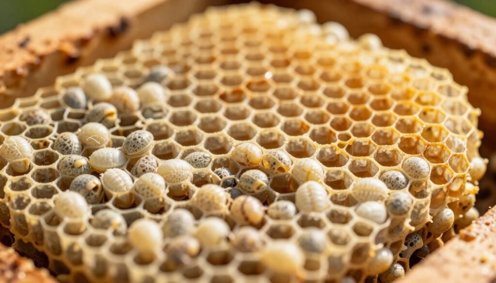 A close-up view of a vibrant, healthy brood nest nestled within the intricate architecture of a beehive. The foreground features delicate capped brood cells with larva inside, showcasing a range of creamy colors and textures. In the middle ground, honeycomb hexagons glisten with sunlight, creating a warm golden glow that highlights the complex structure. The background softly blurs into a slightly darker setting, emphasizing the nest's significance within the hive. The lighting is soft and natural, reminiscent of a sunny afternoon, enhancing the serene atmosphere. The overall mood conveys a sense of life and nurturing within the nest, capturing the essence of colony health and the critical role of the brood.