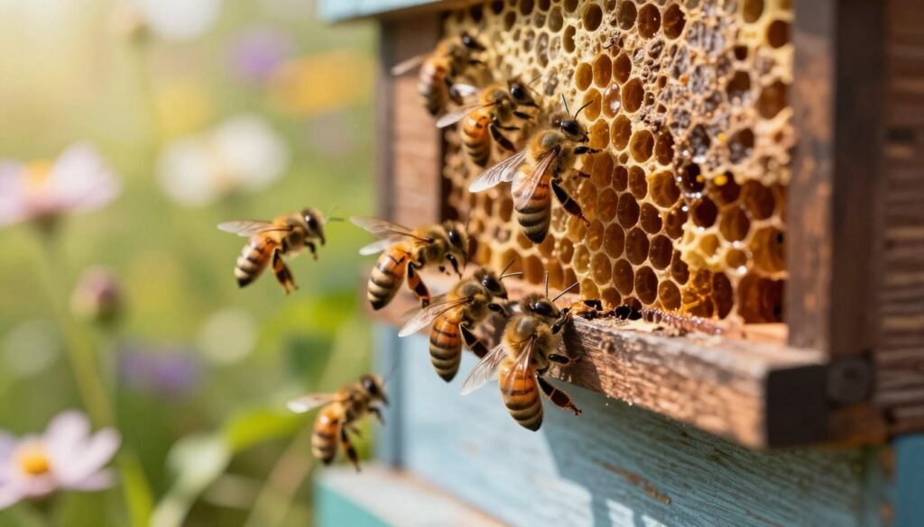 A close-up view of a vibrant hive scene showcasing porter bees actively escaping through a specially designed escape cone. In the foreground, focus on several bees, their delicate wings shimmering in the sunlight as they dart out from the cone. The middle ground features the textured surface of the hive, with contrasting rich browns and honey-filled combs glistening under soft, warm lighting. The background reveals a lush garden with blooming flowers, casting a dreamy ambiance. Use a shallow depth of field to emphasize the bees in action while blurring the surrounding foliage slightly. The overall mood should be lively and dynamic, capturing the essence of bees at work in their natural environment, conveying a sense of urgency and purpose.
