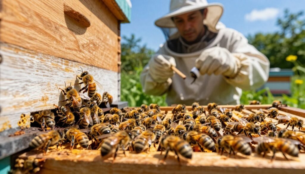 A close-up view of a vibrant honey bee colony during a hot summer day, with bees clustering and bearding at the entrance of a wooden hive. In the foreground, show bees densely packed, some fanning their wings to cool the hive. In the middle ground, a beekeeper in lightweight, protective clothing examines the hive, using a smoker to calm the bees, their attentive expression conveying their focus on assessing colony health. The background features a sunny, clear blue sky and lush green foliage that suggest a warm environment. The lighting is bright and natural, capturing the energy of summer. The atmosphere is busy yet tranquil, illustrating the crucial connection between the beekeeper and their bees.