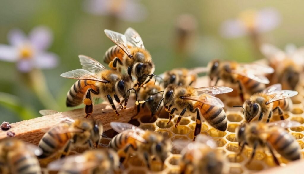 A close-up view of a vibrant honey bee hive in action, showcasing multiple bees exhibiting typical hive behaviors, such as communication through dance and pheromone release during fumigation. In the foreground, a worker bee delicately interacts with its peers, while in the middle, several bees are clustered near a small opening, demonstrating their response to environmental changes. The background features a natural setting with softly blurred flowers and greenery, emphasizing the hive's connection to the ecosystem. The scene is illuminated by warm, soft sunlight streaming in, creating a gentle and inviting atmosphere. Lens focus creates a slight bokeh effect, highlighting the bees’ details without distractions, capturing the essence of hive dynamics during critical moments.