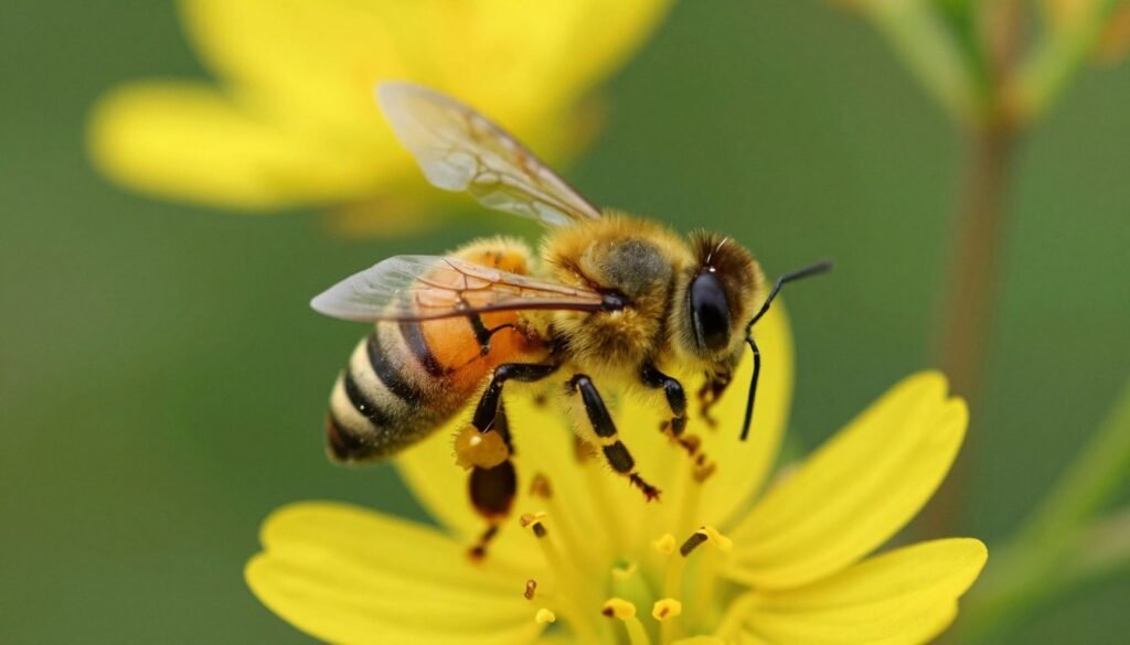 A close-up view of a vibrant honey bee perched on a bright yellow flower, surrounded by lush green foliage. The honey bee showcases its intricate details, including delicate wings and a fuzzy body covered in pollen grains, emphasizing its crucial role in pollination. The image captures soft, natural lighting that creates a warm and inviting atmosphere, highlighting the bee's golden hues. In the background, blurred blossoms can be seen, adding depth and a sense of flourishing biodiversity. The perspective focuses on the bee in the foreground, emphasizing its importance to the ecosystem and nutrition, while promoting a sense of serenity and harmony in nature. The composition is crisp and clear, with a shallow depth of field to draw attention to the bee's activities.