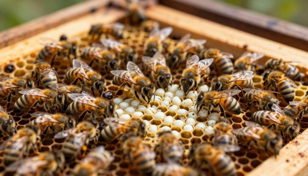 A close-up view of a vibrant honeybee colony in a hive, showcasing drone cells filled with developing drone bees. The foreground features intricate hexagonal cells, some capped with wax, while others reveal soft, white larvae, illustrating the stage of development. In the middle ground, healthy worker bees are seen attending to the brood, emphasizing a sense of responsibility and activity. The background includes blurred hive frames and natural wood textures, subtly capturing the hive's environment. The scene is illuminated with warm, natural lighting, creating a cozy and rich atmosphere. The angle is slightly above eye level, providing a comprehensive view of the cells and bees, encouraging a sense of connection to the thriving ecosystem inside the hive.