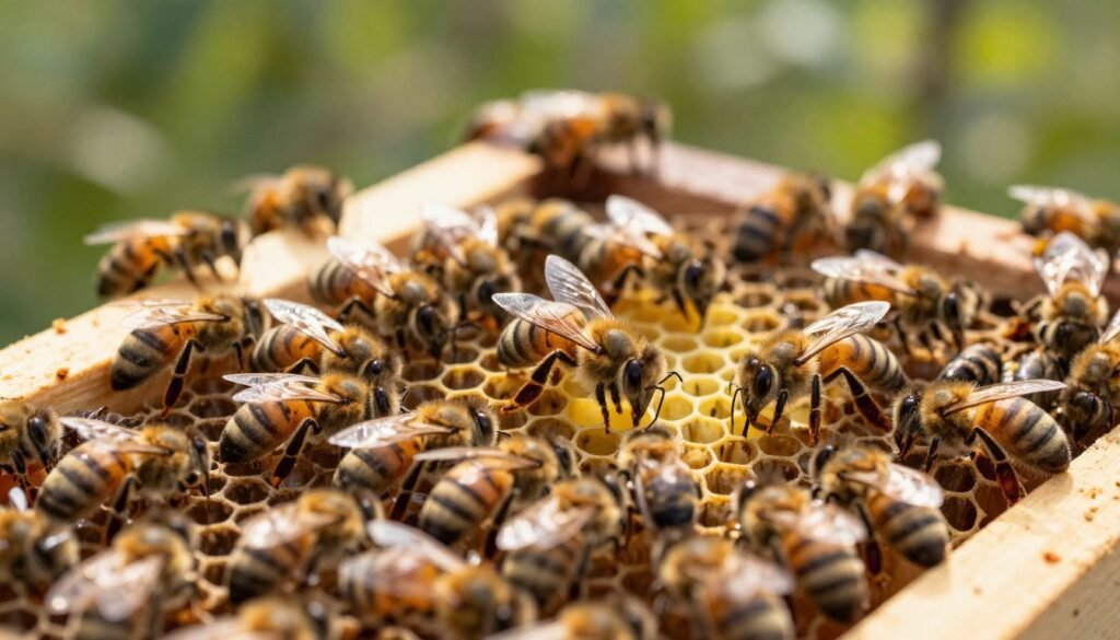A close-up view of a vibrant honeybee colony inside a well-maintained hive, focusing on an intricately constructed brood frame filled with healthy, developing bee larvae and pupae. In the foreground, a few worker bees are diligently tending to the brood, highlighting the busy, organized nature of the hive. In the middle ground, the Queen bee, distinctly larger and surrounded by her attendants, is seen actively laying eggs, emphasizing her vital role in brood production. The background features soft, blurred greenery, suggesting a calm, natural environment. The scene is illuminated by soft, warm sunlight filtering through the hive, creating a serene and industrious atmosphere. The image should have a slightly angled perspective to enhance depth, showcasing the details of the bees and brood.
