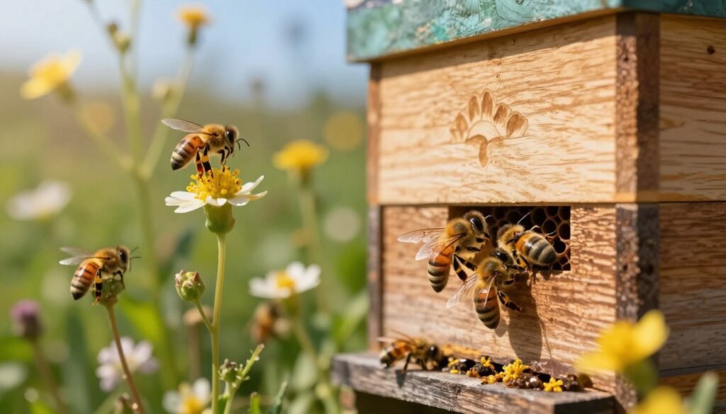 A close-up view of a vibrant honeybee hive nestled in a lush garden, surrounded by blooming wildflowers. In the foreground, bees are actively entering and exiting the hive, their delicate wings catching the sunlight. The hive, made of natural wood, showcases intricate patterns and textures, emphasizing its artisanal craftsmanship. In the middle ground, a few bees collect pollen from nearby flowers, highlighting the importance of their role in the ecosystem. The background features a softly blurred garden scene under a bright blue sky, creating a warm and inviting atmosphere. Gentle sunlight filters through the leaves, casting a soft golden glow, emphasizing the theme of harmony in nature and support for bee health initiatives. The image should evoke a sense of peace and the vital connection between bees and the environment.