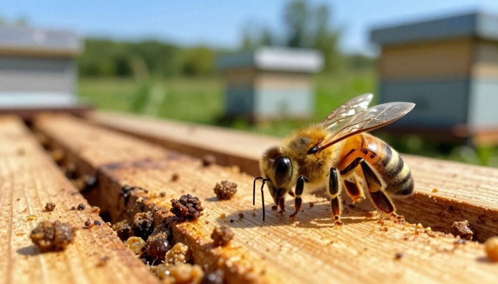 A close-up view of a vibrant honeybee sitting on a bee entrance, surrounded by visual indicators of dysentery, such as fecal spots and stained wood. The foreground features the honeybee in sharp detail, with its wings shimmering under warm sunlight. In the middle section, small piles of bee feces are scattered near the entrance, visible on the hive surface, adding context to the scene. The background includes a blurred apiary setting with softly blurred beehives, lush greenery, and a clear blue sky, creating an inviting atmosphere. The image should capture a warm, sunny day to illustrate the post-winter scenario, emphasizing the urgency of bee health. Shot with a macro lens at a slight upward angle, enhancing the bees' importance in this natural environment.
