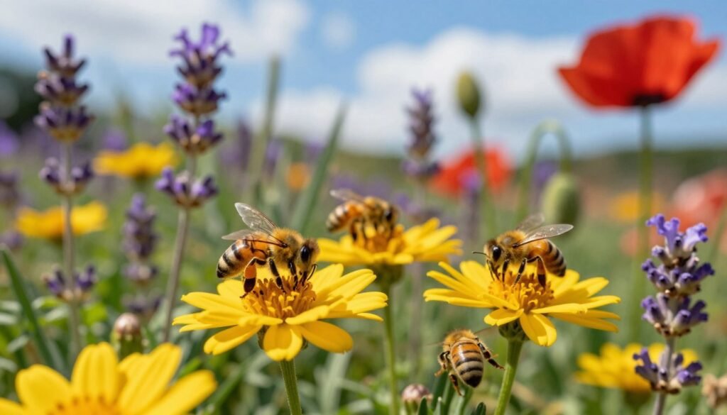 A close-up view of a vibrant, sunny garden during late spring, buzzing with bees amidst blooming flowers of various colors like yellow daisies, purple lavender, and red poppies. In the foreground, a group of bees, intricately detailed, hover over a flower, showcasing their fuzzy bodies and delicate wings, capturing their role in pollination. The middle ground features a diverse array of plants, with a light breeze causing gentle movements of leaves and petals. In the background, a bright blue sky with soft, fluffy white clouds indicates ideal weather conditions for bee activity. The scene is illuminated by warm, natural sunlight, creating an inviting and lively atmosphere that emphasizes the importance of favorable weather in supporting bee populations and, consequently, agriculture.