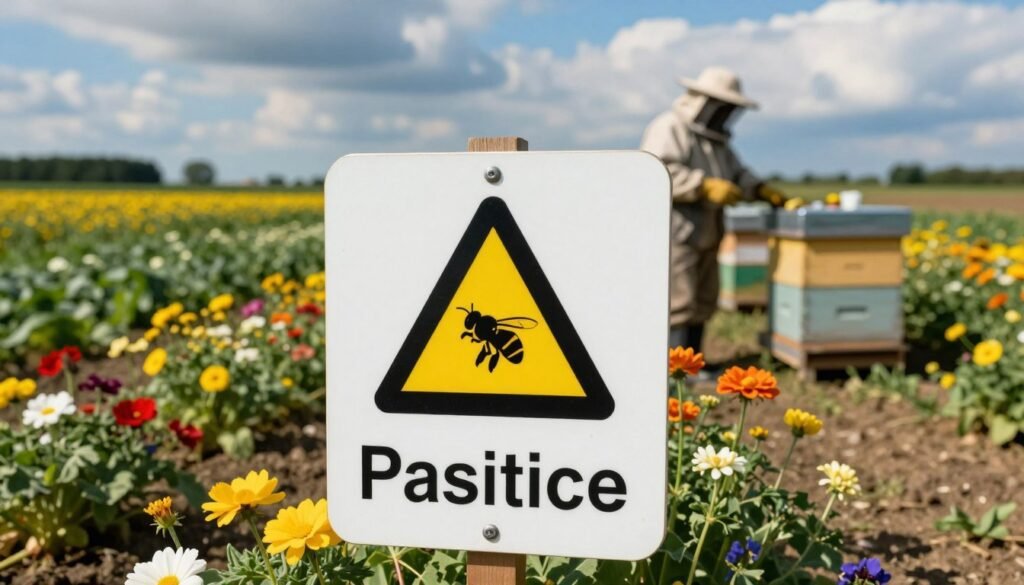 A close-up view of a warning sign about pesticide exposure placed in a vibrant agricultural field. The foreground features a clearly visible sign with a bold yellow-and-black hazard symbol indicating danger from pesticides. Surrounding the sign, vivid flowers and crops illustrate the environment affected by pesticide application. In the middle ground, a blurred silhouette of a beekeeper in professional attire examining their hives highlights the relationship between agriculture and pollinators. The background is filled with rows of crops under a bright blue sky, suggesting a sunny day, but with hints of ominous clouds approaching, creating a tension between beauty and danger. The lighting is soft and natural, enhancing the vivid colors of the flowers while casting gentle shadows on the soil, evoking an atmosphere of caution and awareness.