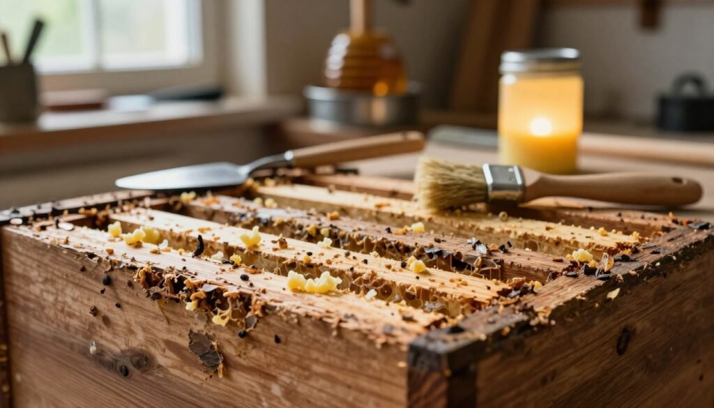 A close-up view of a weathered wooden hive body, showing signs of wax moth damage, yet with potential for reuse. In the foreground, the intricate texture of the damaged wood is highlighted, with bits of old wax and honeycomb remnants scattered around. The middle ground features a tools like a scraper and brush, essential for cleaning, alongside a bright, glowing bee-friendly paint can, emphasizing restoration. Soft natural lighting filters through a nearby window, creating warm highlights and shadows that enhance the textures. In the background, a cozy workshop filled with beekeeping tools and a honey extractor is faintly visible, evoking a productive and inviting atmosphere. The focus is sharp, with a slight bokeh effect on the background, directing attention to the hive body and tools. A close-up view of a weathered wooden hive body, showing signs of wax moth damage, yet with potential for reuse. In the foreground, the intricate texture of the damaged wood is highlighted, with bits of old wax and honeycomb remnants scattered around. The middle ground features a tools like a scraper and brush, essential for cleaning, alongside a bright, glowing bee-friendly paint can, emphasizing restoration. Soft natural lighting filters through a nearby window, creating warm highlights and shadows that enhance the textures. In the background, a cozy workshop filled with beekeeping tools and a honey extractor is faintly visible, evoking a productive and inviting atmosphere. The focus is sharp, with a slight bokeh effect on the background, directing attention to the hive body and tools.