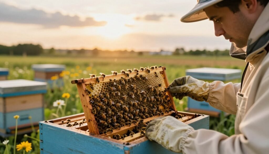 A close-up view of a well-maintained beehive in an open field, showcasing the entrance bustling with bees. In the foreground, illustrate a beekeeper wearing professional gear, inspecting the hive's frames for signs of strength, with meticulous attention to detail on their focused expression. The middle ground features vibrant flowers and greenery, symbolizing a healthy environment for the bees. In the background, capture a soft, golden hour sunlight filtering through gentle clouds, casting a warm glow over the scene. Ensure a shallow depth of field to accentuate the beekeeper and hive, while creating a serene and hopeful atmosphere that conveys the essence of understanding and documenting hive strength. A close-up view of a well-maintained beehive in an open field, showcasing the entrance bustling with bees. In the foreground, illustrate a beekeeper wearing professional gear, inspecting the hive's frames for signs of strength, with meticulous attention to detail on their focused expression. The middle ground features vibrant flowers and greenery, symbolizing a healthy environment for the bees. In the background, capture a soft, golden hour sunlight filtering through gentle clouds, casting a warm glow over the scene. Ensure a shallow depth of field to accentuate the beekeeper and hive, while creating a serene and hopeful atmosphere that conveys the essence of understanding and documenting hive strength.