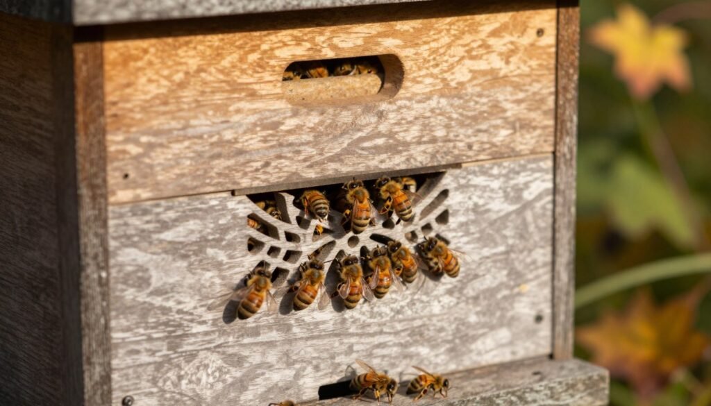 A close-up view of a well-organized nuc box with visible ventilation holes, set against a rustic wooden backdrop. In the foreground, focus on the box's intricate details, showcasing the ventilation grid intricately designed to promote airflow. In the middle ground, healthy bees are seen entering and exiting the ventilation openings, emphasizing a thriving environment. The background features blurred greenery and a soft-focus of autumn leaves, hinting at the transition to winter. The lighting is warm and inviting, mimicking late afternoon sunlight, casting gentle shadows that enhance the texture of the box and natural elements. The mood reflects a sense of preparation and care for the coming season.