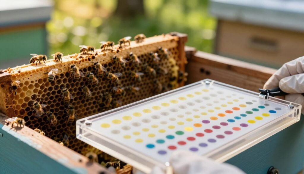 A close-up view of a well-organized testing setup for Varroa mite counts in a beekeeping apiary. In the foreground, a clear acrylic mite counting board, filled with precise, colorful dots representing mite quantities, is positioned prominently. In the middle ground, a bee colony in a wooden hive, with bees visibly entering and exiting, showcases the dynamic nature of the environment. The background features lush greenery and warm sunlight filtering through the trees, creating an inviting atmosphere. The image is captured with a macro lens, emphasizing details of the testing equipment and bees. Soft, natural lighting enhances the overall clarity and emphasizes the scientific focus on monitoring Varroa mite populations. The mood is informative and professional, suited for an analysis of beekeeping practices.