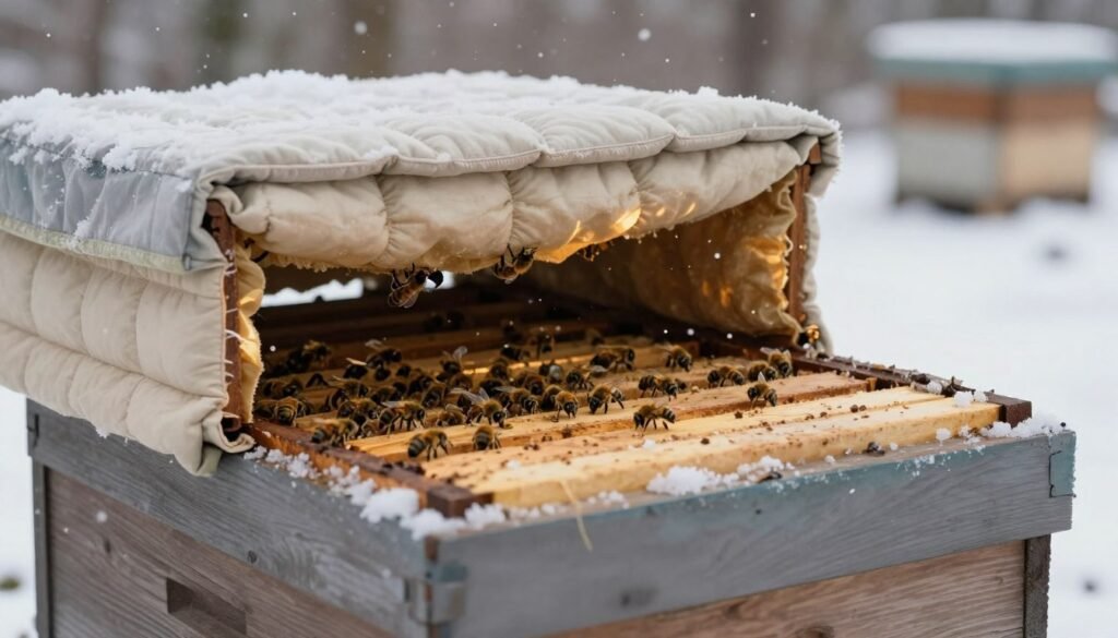 A close-up view of a winter beehive, showcasing a thoughtfully constructed inner cover designed for maximum hive protection. In the foreground, visualize the intricate details of the inner cover, featuring insulating layers of quilted fabric and moisture-resistant materials. The middle ground reveals the hive entrance, slightly ajar, with bees bustling around, conveying a sense of activity and warmth. The background shows a soft, serene winter landscape, with gently falling snowflakes and a muted sky, creating a calm atmosphere. Utilize soft, diffused lighting that highlights the textures of the materials while casting a warm glow, emphasizing the protective essence of the quilted design. The overall mood is one of security and comfort, ideal for winter beekeeping practices. A close-up view of a winter beehive, showcasing a thoughtfully constructed inner cover designed for maximum hive protection. In the foreground, visualize the intricate details of the inner cover, featuring insulating layers of quilted fabric and moisture-resistant materials. The middle ground reveals the hive entrance, slightly ajar, with bees bustling around, conveying a sense of activity and warmth. The background shows a soft, serene winter landscape, with gently falling snowflakes and a muted sky, creating a calm atmosphere. Utilize soft, diffused lighting that highlights the textures of the materials while casting a warm glow, emphasizing the protective essence of the quilted design. The overall mood is one of security and comfort, ideal for winter beekeeping practices.