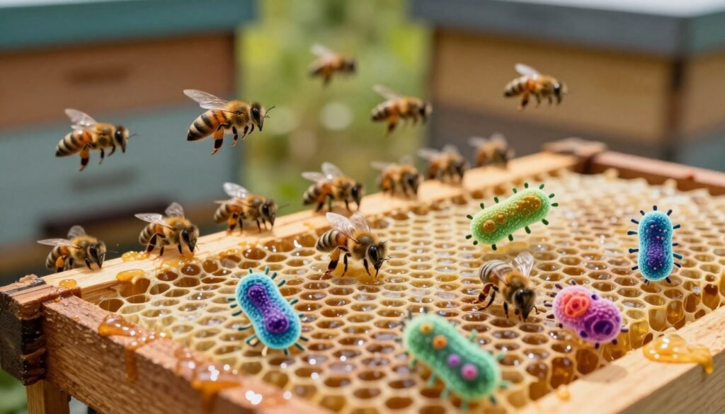 A close-up view of a wooden bee comb, showcasing individual cells filled with honey and larvae. In the foreground, several microscopic pathogens, depicted as colorful, abstract shapes resembling bacteria and fungi, swarm around the cells, illustrating the risks of cross-contamination in bee colonies. The middle ground features a blurred image of a busy bee colony, with bees in mid-flight, contributing to a sense of urgency and movement. The background reveals a softly blurred hive structure, with natural light filtering through, highlighting the textures of the wood and the shimmering honey. The atmosphere is one of tension and caution, emphasizing the hidden dangers facing bee health within a vibrant, organic environment.