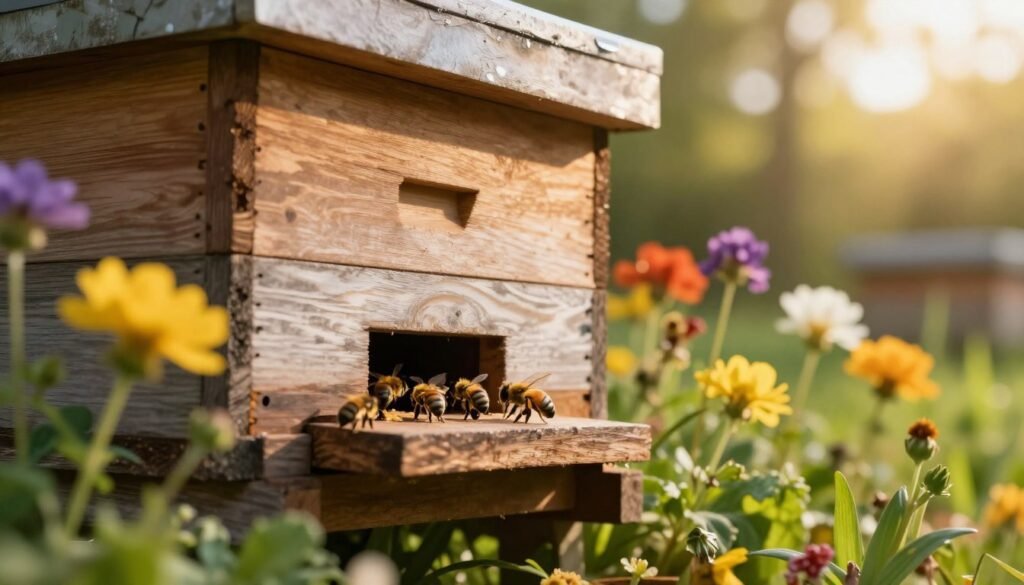 A close-up view of a wooden bee hive entrance, set in a lush garden environment. The hive's entrance is framed by vibrant flowers and green foliage, giving a sense of natural harmony. A few bees are seen actively buzzing around the entrance, displaying their busy nature. In the background, soft sunlight filters through the trees, creating a warm and inviting atmosphere. The angle is slightly tilted to capture both the hive and the surrounding blooms, with a focus on the intricate details of the hive structure and the bees. The lighting is golden hour, providing a soft, warm glow that highlights the beauty of the scene and evokes a peaceful, industrious mood.