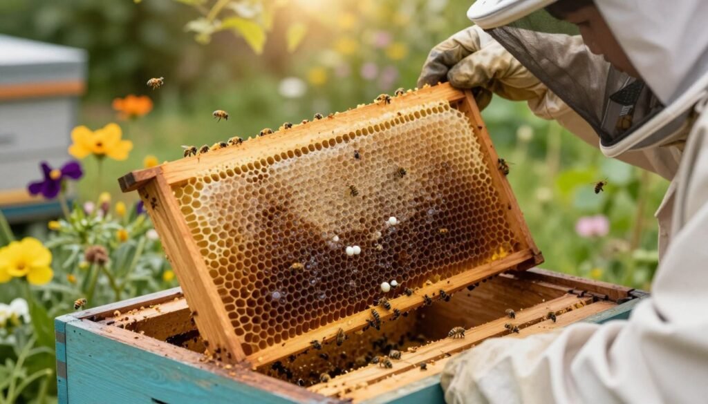 A close-up view of a wooden bee hive in a peaceful garden setting, focused on a beekeeper wearing a protective suit with a veil, gently inspecting a frame filled with honeycomb. The frame is detailed, showcasing shiny cells with a few tiny white bee eggs nestled inside the hexagonal wax structure. Soft, diffused sunlight filters through the leaves, creating a warm and inviting atmosphere. In the background, colorful flowers bloom, and a few bees are buzzing around, enhancing the sense of a thriving ecosystem. The image is taken at eye level, emphasizing the careful examination of the hive, with rich colors highlighting the natural beauty of beekeeping.