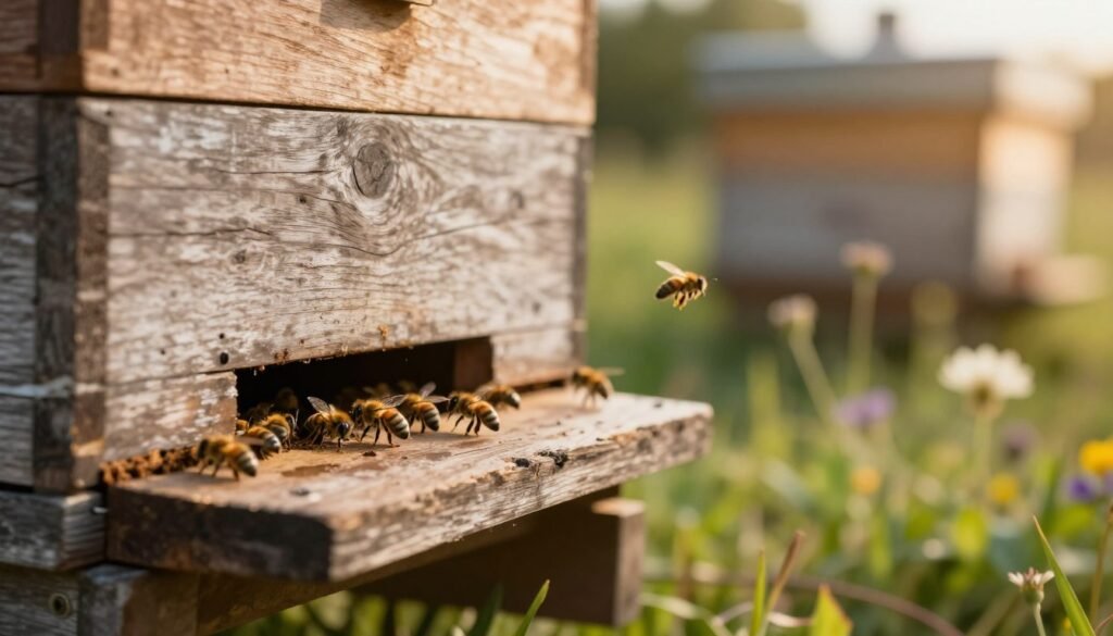 A close-up view of a wooden beehive entrance featuring an entrance reducer installed at the bottom. In the foreground, focus on the textured wood, showing age and wear, with a well-defined reducer blocking part of the entrance. The middle ground should include a few bees buzzing around, with some resting on the entrance, capturing their activity as they interact with the reducer. In the background, a softly blurred garden setting creates a natural atmosphere with gentle greenery and wildflowers under warm, golden evening light. The image should have a warm, inviting mood, evoking a sense of calmness and connection to nature. The lens should mimic a shallow depth of field to emphasize the entrance while softly blurring the background elements.