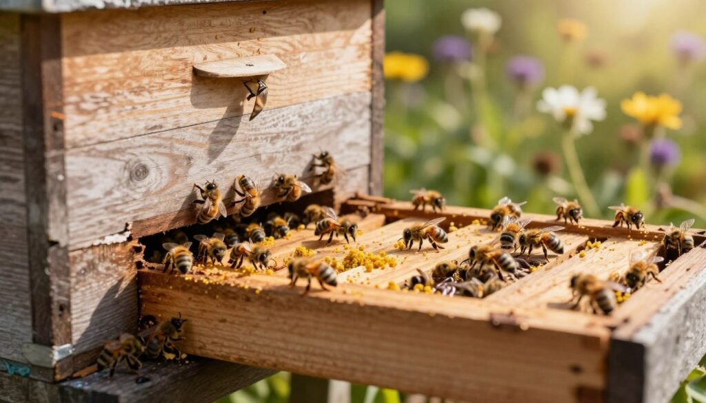A close-up view of a wooden beehive entrance, showing intricate details of the hive's structure and the busy activity of bees entering and exiting. In the foreground, focus on the textured wood, with visible grains and slight wear from weather exposure, indicating age and use. The middle ground features bees in various positions, some gathering pollen while others guard the entrance, contributing to a sense of lively community. In the background, a blurred garden blooms softly, filled with wildflowers and greenery, creating a peaceful, natural setting. Soft, golden sunlight filters through the leaves, casting gentle shadows and enhancing the warmth of the scene. The atmosphere is serene yet energetic, capturing the essence of a healthy bee colony.