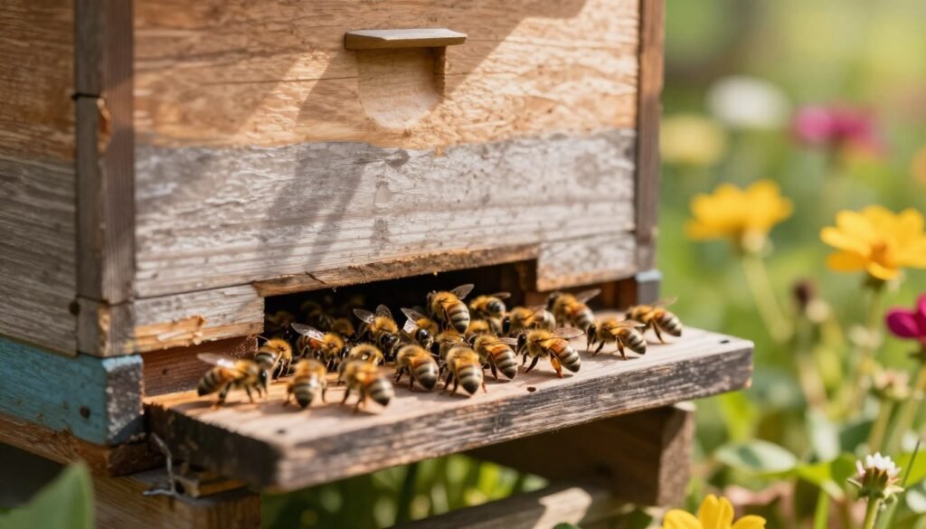A close-up view of a wooden beehive entrance with an entrance reducer installed, showcasing a bustling activity of bees outside. The foreground features bees clustering around the reduced entrance, highlighting their busy motion as they come and go. In the middle background, the hive itself is visible, painted in earthy tones, with textures that suggest a natural, well-maintained setting. The background reveals a blurred garden with vibrant flowers, indicating the rich environment surrounding the hive. Soft, warm sunlight filters through leaves, creating dappled light on the hive, evoking a serene and productive atmosphere. The angle is slightly elevated to emphasize the entrance and its activity, capturing the essence of peak bee activity during a sunny day.