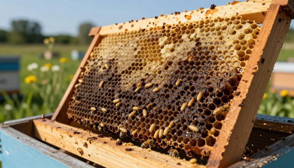 A close-up view of a wooden beehive frame showing the telltale signs of foulbrood. In the foreground, focus on dark, sunken, and discolored brood cells, with some containing dead larvae displaying the characteristic elongated, waxy appearance. The middle ground features a few healthy-looking honeycomb sections to highlight the contrast. In the background, a soft-focus apiary with green grass and blooming wildflowers under a clear blue sky, creating a serene yet concerning atmosphere. The lighting is warm and natural, simulating midday sun, casting soft shadows around the hive. The angle should be slightly elevated to capture the details of the brood cells while providing context of the apiary setting. The overall mood is informative and slightly somber, emphasizing the importance of recognizing foulbrood in bee management. A close-up view of a wooden beehive frame showing the telltale signs of foulbrood. In the foreground, focus on dark, sunken, and discolored brood cells, with some containing dead larvae displaying the characteristic elongated, waxy appearance. The middle ground features a few healthy-looking honeycomb sections to highlight the contrast. In the background, a soft-focus apiary with green grass and blooming wildflowers under a clear blue sky, creating a serene yet concerning atmosphere. The lighting is warm and natural, simulating midday sun, casting soft shadows around the hive. The angle should be slightly elevated to capture the details of the brood cells while providing context of the apiary setting. The overall mood is informative and slightly somber, emphasizing the importance of recognizing foulbrood in bee management.