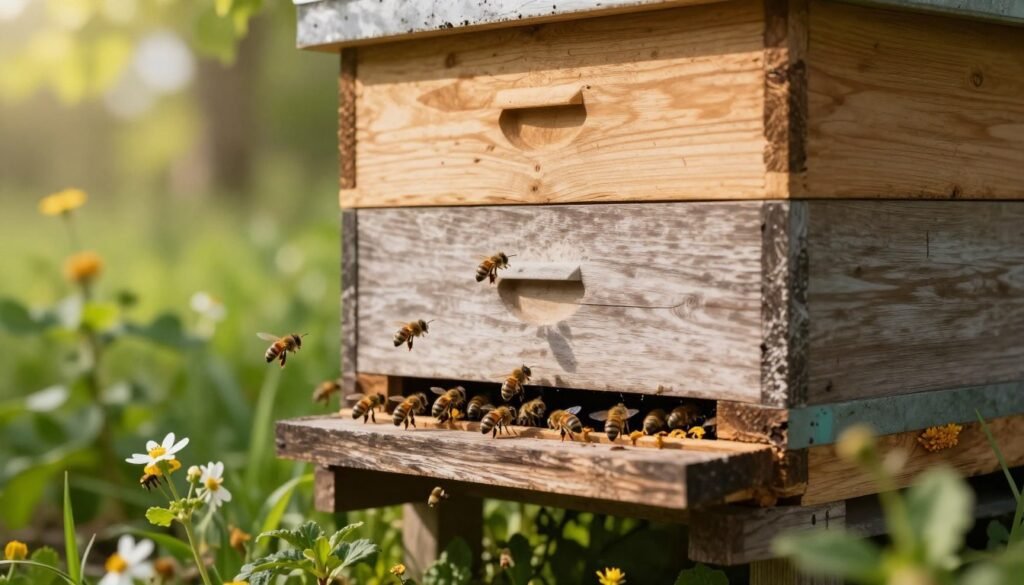 A close-up view of a wooden beehive illustrating effective ventilation for colony health. In the foreground, focus on the hive entrance with bees actively flying in and out. The middle ground features the hive body with ventilation holes, showcasing the natural materials and rustic design of the hive, surrounded by lush greenery and flowering plants that support bee foraging. The background includes a sunny outdoor scene with soft, diffused sunlight filtering through tree leaves, creating a warm and inviting atmosphere. Use a shallow depth of field to emphasize the hive while gently blurring the background, evoking a sense of tranquility and harmony in nature, essential for healthy beekeeping practices.