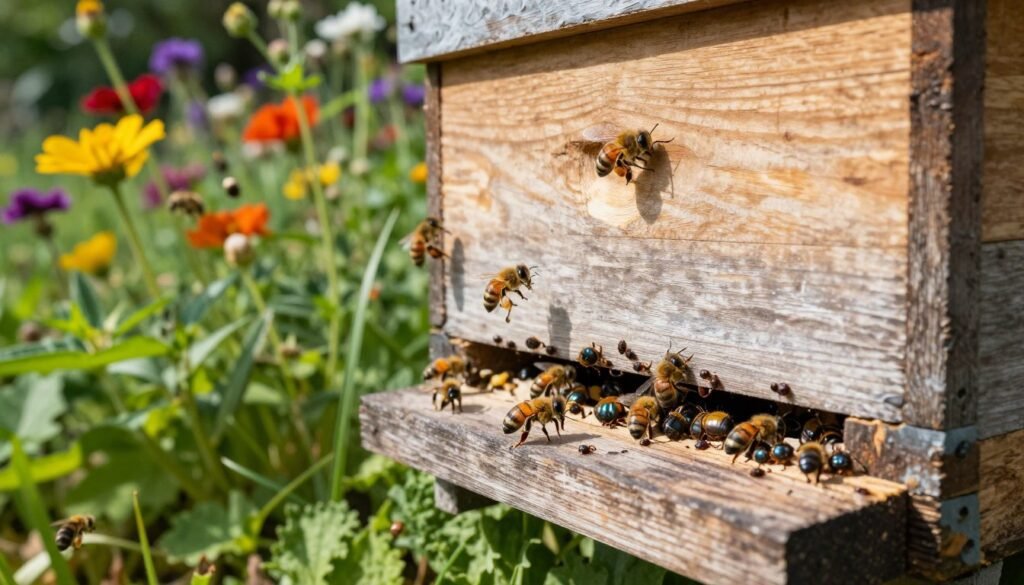 A close-up view of a wooden beehive in a lush garden setting during daylight. In the foreground, focus on various pests such as small beetles and varroa mites crawling around the hive entrance, intricately detailed. The middle ground features bees actively working, showcasing their busy nature. In the background, depict an array of colorful flowers and greenery, creating a vibrant habitat. Soft, natural sunlight filters through the leaves, casting gentle shadows and illuminating the scene, evoking a sense of serenity yet highlighting the potential threats to the hive. Capture this moment from a slightly elevated angle to provide depth and context. The overall atmosphere should be one of awareness and caution, emphasizing the importance of pest management in beekeeping. The image should be free of any text or distractions.