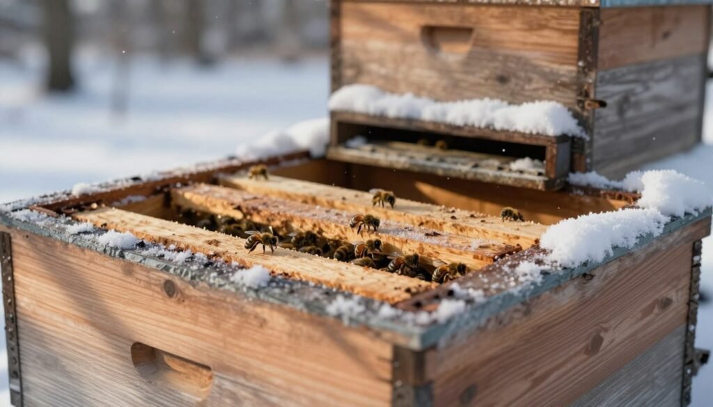 A close-up view of a wooden beehive in a winter setting, showcasing an inner cover shim placed on top of the hive. The foreground features the textured surface of the inner cover, dusted with light frost, while bees are resting quietly inside, hinting at the winter season. In the middle, the beehive's entrance is partially visible, covered with snow. The background includes softly falling snowflakes against a muted winter sky, creating a serene atmosphere. Gentle sunlight filters through the trees, casting soft shadows on the hive. The overall mood is calm and chilly, encapsulating the essence of beekeeping in winter. The image should be captured with a shallow depth of field to emphasize the inner cover shim while softly blurring the background elements.